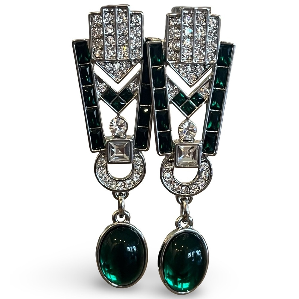 Silver Green Cabochon Stone and Crystal Drop Earrings
